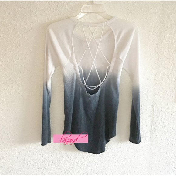 Chaser Ribbed Strappy Long Sleeve Top Ombre Open Back Backless Cut-Outs Dip-Dye - Picture 1 of 7